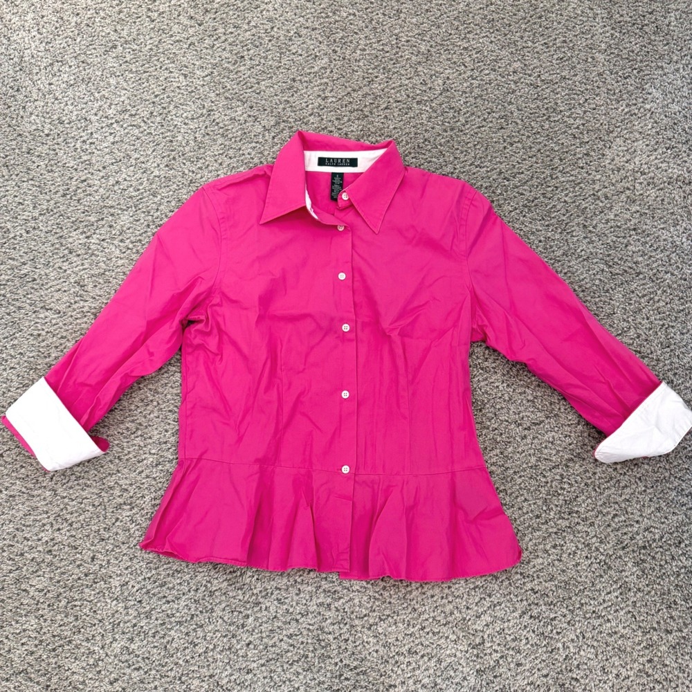 Lauren Ralph Lauren Hot Pink Peplum Button Down Shirt Contrast Collar Size 6